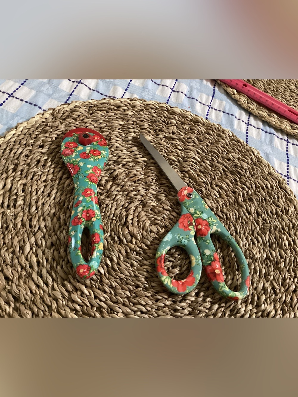 The Pioneer Woman Floral Teal and Red Scissors and Rotary cutter Set